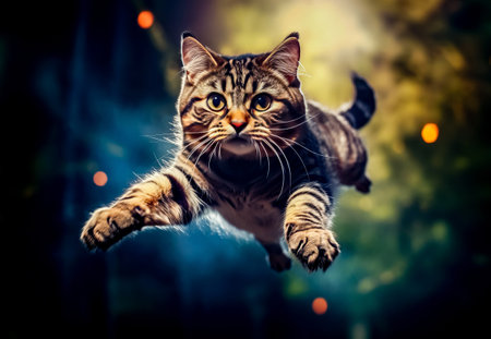 Cat is jumping in the air with its paws out and eyes wide open. Generative AI.の素材