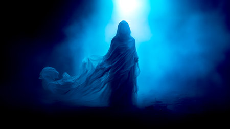 Person in hooded cloak standing in foggy area with light shining through the fog. Generative AI.の素材