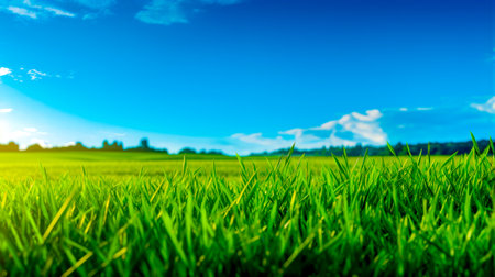 Field of green grass with blue sky in the background and few clouds in the sky. Generative AI.の素材