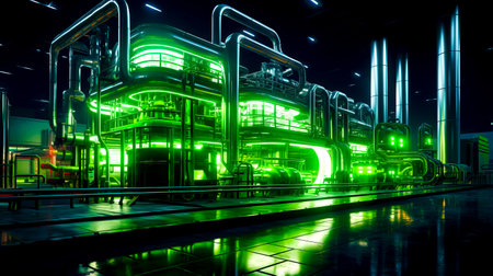 Futuristic building with lot of green lights in the middle of it. Generative AI.の素材