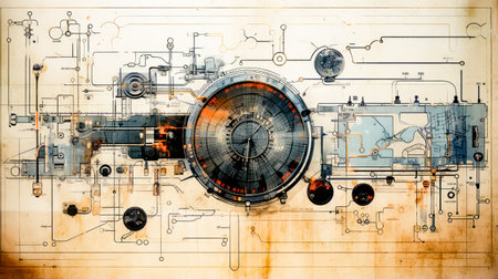 Drawing of clock with lot of wires and other things around it. Generative AI.の素材