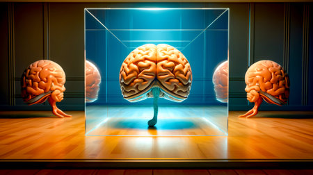 Human brain in glass case on wooden floor in front of blue background. Generative AI.の素材