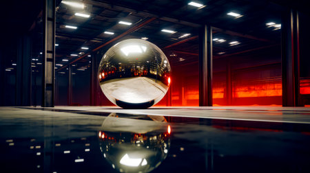 Large shiny ball sitting in the middle of the room with reflection on the floor. Generative AI.の素材