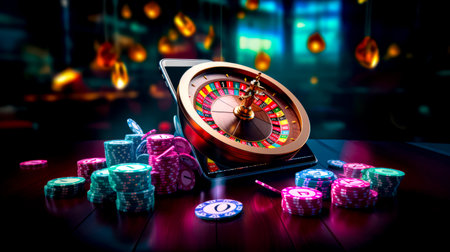 Laptop with casino wheel on top of it surrounded by casino chips. Generative AI.の素材