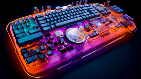 Close up of computer keyboard with magnifying glass on it. Generative AI.の素材