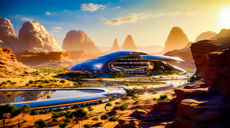 Futuristic building in the middle of desert with mountains in the background. Generative AI.の素材