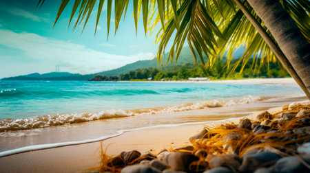 View of beach with palm tree in the foreground and the ocean in the background. Generative AI.の素材