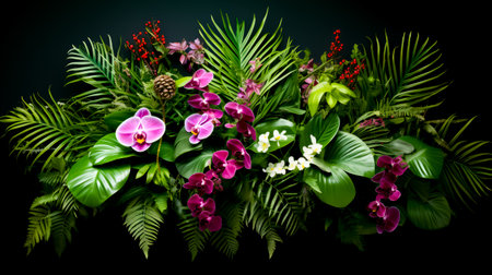 Bunch of flowers that are sitting on black surface with green leaves. Generative AI.の素材