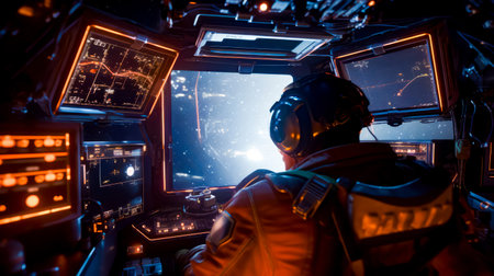 Man sitting in space station looking out the window at the earth. Generative AI.の素材