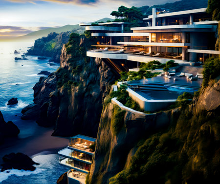 House on cliff overlooking the ocean with hot tub in the foreground. Generative AI.の素材