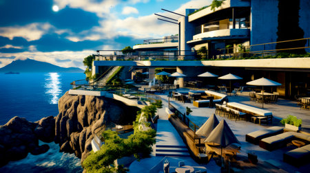 Rendering of cliff side restaurant on cliff overlooking the ocean and mountains. Generative AI.の素材