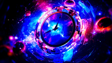 Clock that is sitting in the middle of space filled with stars. Generative AI.の素材