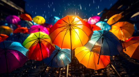 Group of colorful umbrellas sitting next to each other on the street. Generative AI.の素材