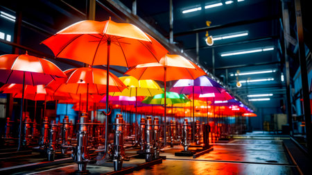 Bunch of umbrellas are lined up in row in building. Generative AI.の素材