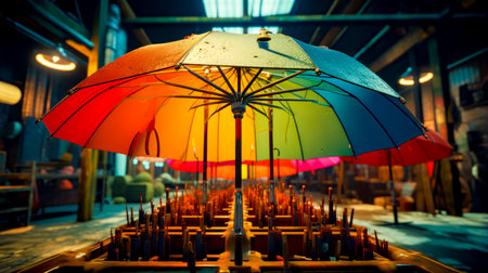 Bunch of umbrellas that are sitting in room with skylight. Generative AI.の素材