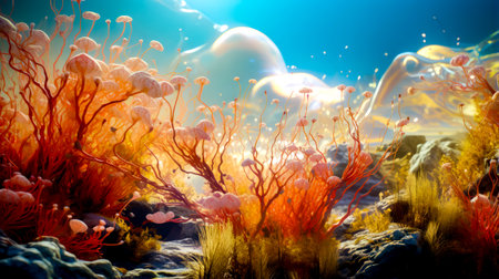 Underwater scene with corals and seaweed in the foreground and bubbles in the background. Generative AI.の素材