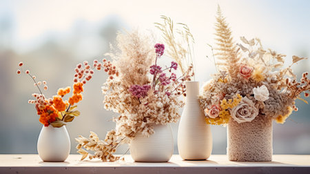 Group of vases sitting on top of table filled with flowers. Generative AI.の素材