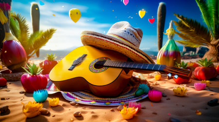Guitar and sombrero on blanket in the middle of desert. Generative AI.の素材