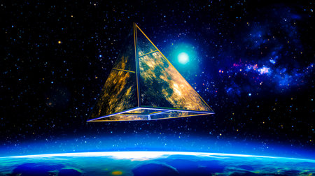 Computer generated image of triangular object floating above the earth's surface. Generative AI.の素材