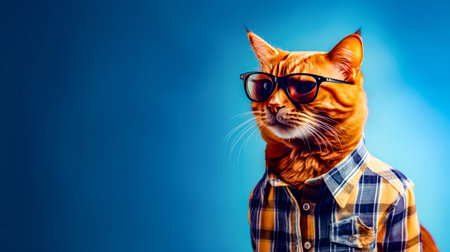 Orange cat wearing sunglasses and shirt with plaid shirt on it. Generative AI.の素材
