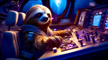 Slotty in space suit sitting in front of control panel. Generative AI.の素材