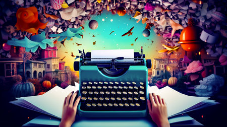 Person typing on old fashioned typewriter in front of colorful background. Generative AI.の素材