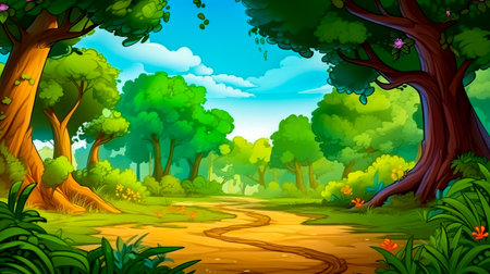 Cartoon scene of forest with dirt road and lots of trees. Generative AI.の素材