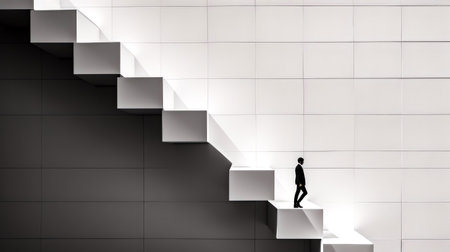 Man walking up set of stairs with suit on top of it. Generative AI.の素材