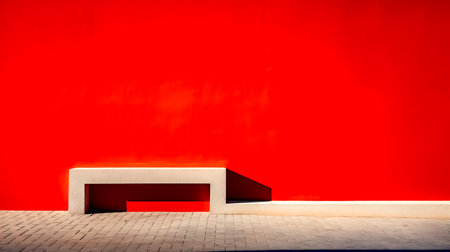 Bench sitting in front of red wall with white tiled floor. Generative AI.の素材