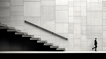 Black and white photo of man walking down set of stairs. Generative AI.の素材