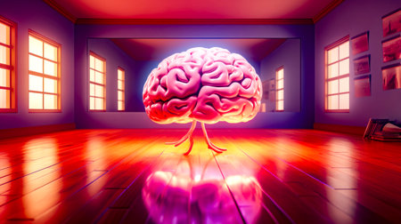 Computer generated image of human brain in room with wooden floors. Generative AI.の素材