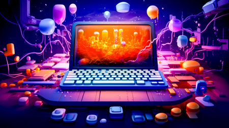 Laptop computer sitting on top of table with balloons flying above it. Generative AI.の素材