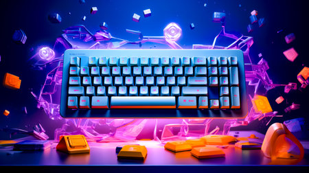 Computer keyboard sitting on top of desk next to computer mouse. Generative AI.の素材