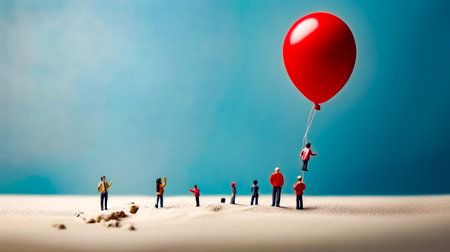 Group of people standing in the sand with red balloon in the sky. Generative AI.の素材