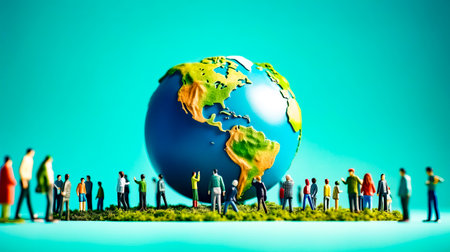 Group of people standing around blue and green globe on top of grass. Generative AI.の素材