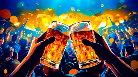 Two people toasting with beer glasses in front of crowd of people. Generative AI.の素材