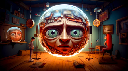 Man standing in front of mirror with face inside of it. Generative AI.の素材