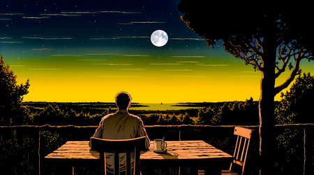 Man sitting at table with cup of coffee in front of full moon. Generative AI.の素材