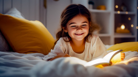 Little girl laying in bed reading book with smile on her face. Generative AIの素材
