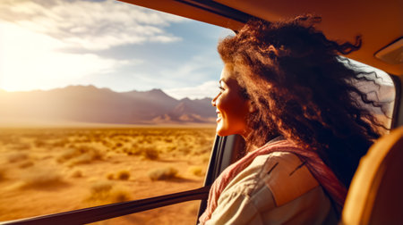 Woman looking out the window of vehicle in desert area with mountains in the background. Generative AIの素材