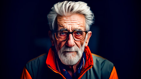 Older man wearing glasses and orange jacket is looking at the camera. Generative AI.の素材