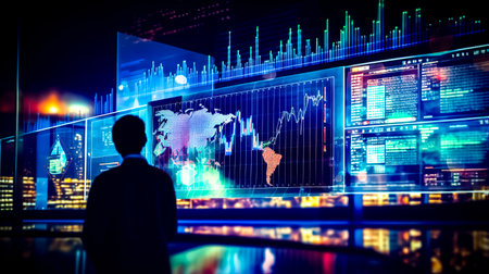 Man standing in front of large screen with world map on it. Generative AI.の素材
