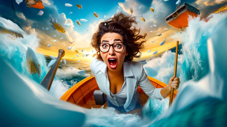 Woman in boat in the ocean with a surprised look on her face. Generative AI.の素材