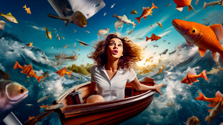 Woman sitting in boat surrounded by fish in the ocean with a surprised look on her face. Generative AI.の素材