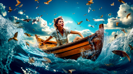 Woman in boat in the ocean surrounded by birds flying around her. Generative AI.の素材
