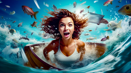 Woman in white tank top is in boat with fish around her. Generative AI.の素材