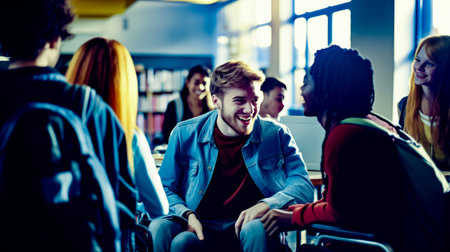 Group of people sitting around each other in room with bookshelves. Generative AI.の素材