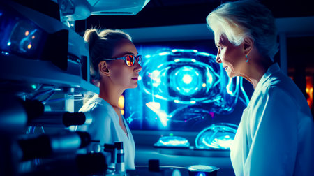 Couple of women standing next to each other in front of computer screen. Generative AI.の素材