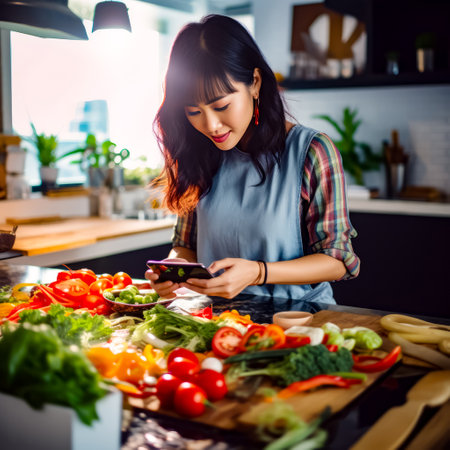 Woman standing in kitchen looking at cell phone next to pile of vegetables. Generative AI.の素材