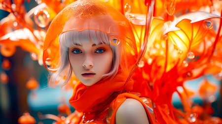 Woman wearing orange outfit and hat with large amount of bubbles on her head. Generative AI.の素材